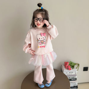 Christmas gifts Halloween 2Pcs Kawaii Girls Sanrio Pullover Hello Kitty Autumn New Anime Cartoon Fashion Sweet Casual Sweatshirt Pants Set Comfort Tops