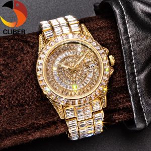 CLIBER 【Free Watch Box】1PC Original Design Fully Baguette Diamond Mens Watches Luminous Automatic Date Gold Luxury Quartz WristwatchesNew New