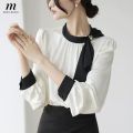 MISUMIXIU French Gentle Neckline Bow Shirt Women's 2024 New Color Block ...