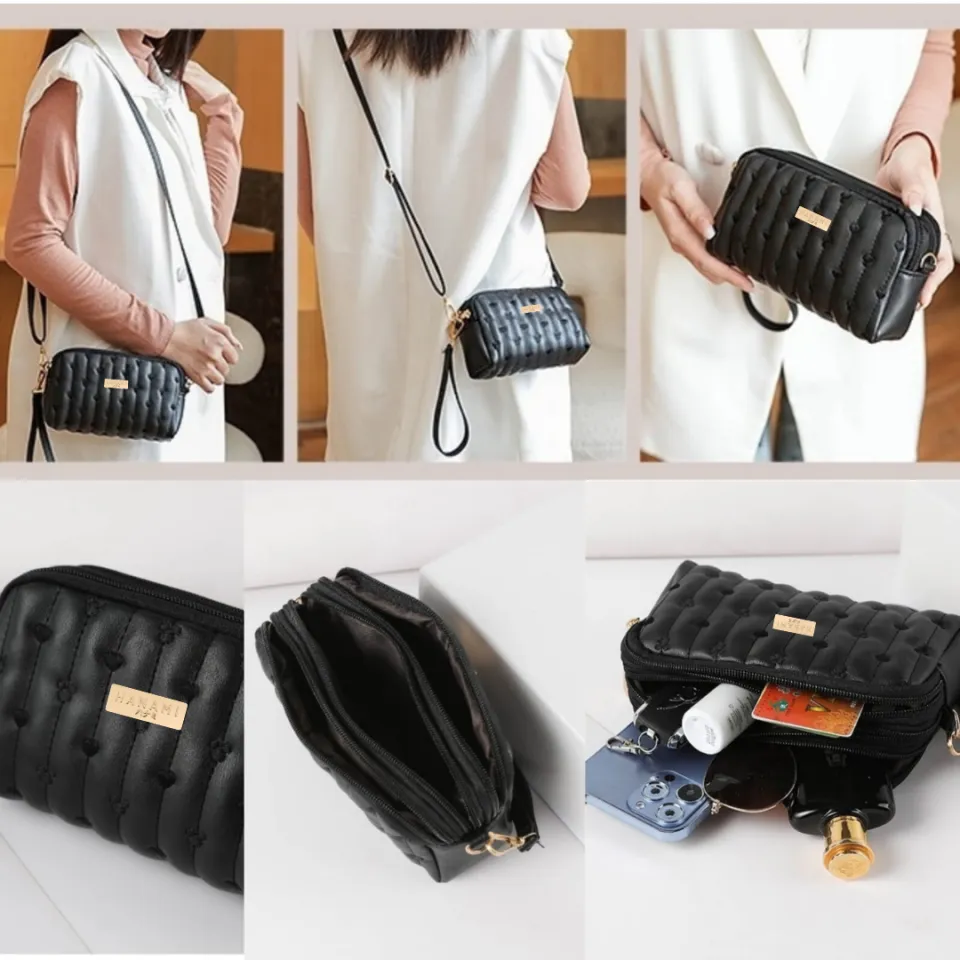 HANAMI Tas Selempang Wanita Pesta Resleting Kulit Hitam Ginzea