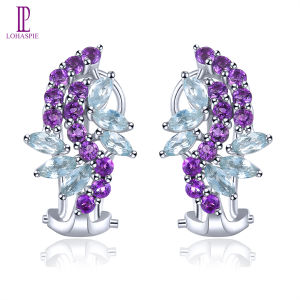 Lohaspie Jewelry Genuine 1.8 Carats Stud Earring Silver 925 Original Natural Amethyst Sky Blue Topaz Stud Earrings Blue Topaz Gemstone Amethyst Earring For Women Jewelry