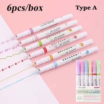 6pcs/box Curve Highlighter Pen Set Colorful Curve Pen Cute Pattern Handbook Highlighter Colorful Curve Outline Pen