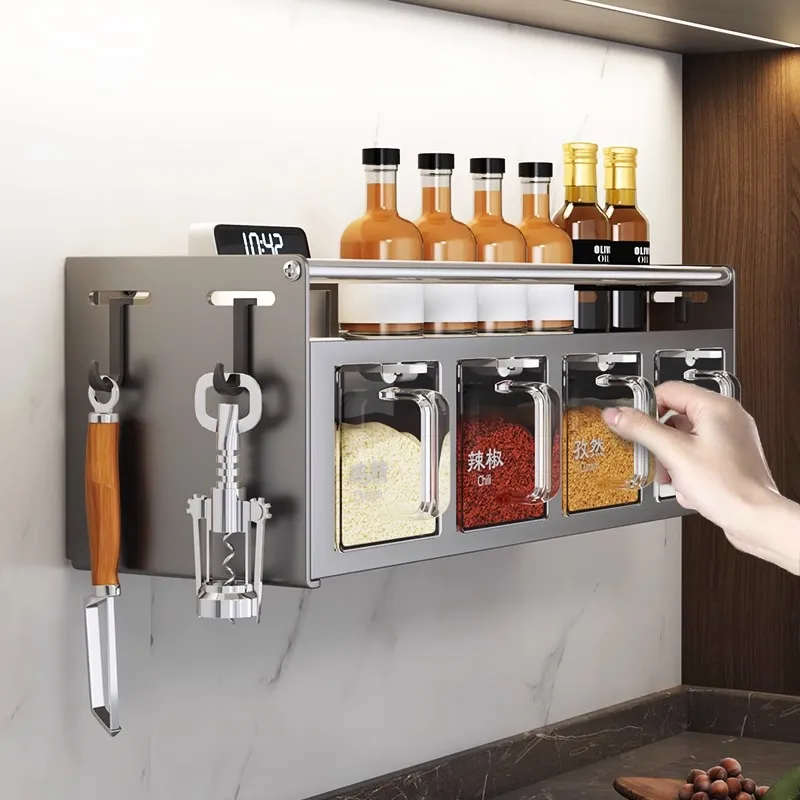 Spice Storage Rack Wall Mounted Carbon Steel Condiments Racks Organizer  Wall-mounted Seasoning Storage Box with Spoon Large Capacity Condiment  Spice