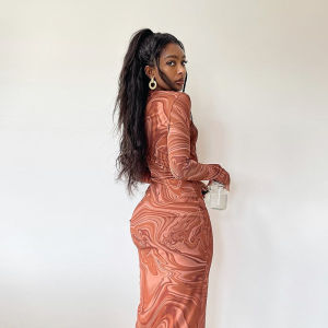European and American Style Tight Mid-Length Dress round Neck Long Sleeve Printed Hip Skirt Pullover Foreign Trade Skirt R dress㏇L0514