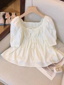 Ammin 2024 mùa hè dây rút co giãn mới cổ áo vuông ngắn tay cotton nguyên chất Áo Sơ Mi Nữ Phong cách Một màu đơn giản ngắn giản dị áo blouse thanh lịch