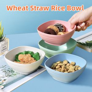 4PCS Wheat Straw Rice Bowl 14cm Square Bowl Salad Bowl Soup Bowl Plate Tableware for Children Household Anti Drop Bowl
