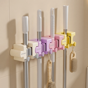 LZHDP MALL Self Adhesive Puzzle Splicing Mop Broom Holder No Drill Wall Mounted Macaron Mop Holder Creative with Hooks Broom Storage Clip for Bathroom