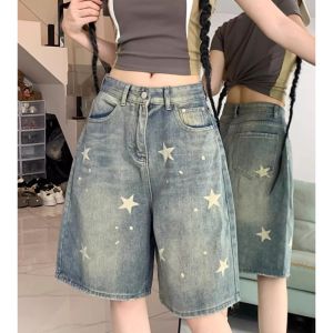 Casual Floral Print Loose Wide Leg Womens Jeans New American Retro Star Design Straight Leg Comfort Stretch Soft Denim Shorts2026