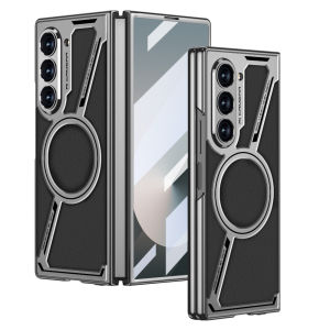 เคส Zfold6 Samsung Galaxy Z พับได้6 Fold6พร้อมกระจกเทมเปอร์เคสกันกระแทกขาตั้งเคสมือถือชุบโลหะบางเฉียบหรูหราสำหรับ Samsung Galaxy Z Fold 6 5G ZFold6 Fold6 Fold6 ZFold6รูปแบบคาร์บอนไฟเบอร์ฝาครอบป้องกัน