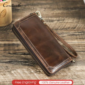 CONTACTS Genuine Leather Clutch Wallet for Men Vintage Oil Leather Long Purse  Big Handbag Wallets Zipper Coin Purse