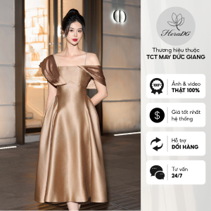 [Voucher 15% MOV 199K cap 100K  Đầm dạ hội HeraDG thiết kế dáng ôm xòe 2 dây đá trang trí vai trễ phối lụa chất tafta cao cấp WDHBC3005