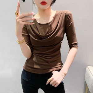 YIMEI เสื้อยืดลายตาข่ายคอกลมสำหรับผู้หญิงเสื้อท่อนล่างสุดอินเทรนด์เข้ารูปพอดีฤดูร้อน2023