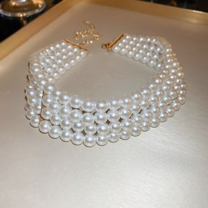 MARGETT Side-by-side Pearl Four Layer Necklace Fashion Jewelry Ornaments Bracelets Set French Retro White Pearl Collarbone Chain Kit Wedding