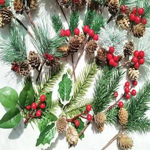 Christmas Products Spray Artificial Red Berry Fruit and Pine Cones With Green Leaf for Wedding Decoration