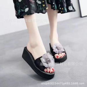 [Free Shipping] WomenS Summer New Fashion Trendy Color-Blocked Peony Flower Thick-Soled Sandals With A One-Strap Wedge Heel For The Beach