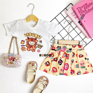 BOBOHO - SETELAN ROK ANAK PEREMPUAN MOTIF LABUBU LOKAL / SET ANAK PEREMPUAN GAYA FEMINIM TERBARU