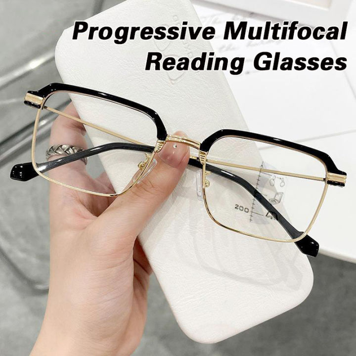 100 To 400 Progressive Multifocal Reading Glasses Women Men Sqaure Metal Multi Focus Anti Blue 0874