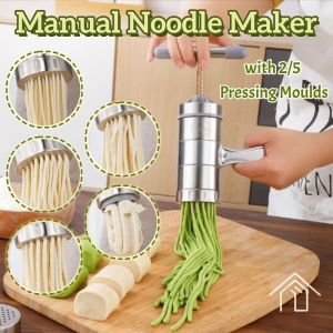 Stainless Steel Spaghetti Press Machine with 2/5 Pressing Moulds Manual Noodle Maker Fruits Juicer