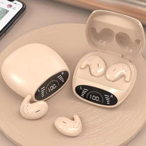 หูฟังบลูทูธ5.3ไร้สายที่มองไม่เห็นบางเฉียบไม่อินเอียร์จอแสดงผลกำลังไฟ Led ชุดหูฟังบลูทูธไร้สาย True Wireless หูฟังพร้อมไมโครโฟนปุ่มควบคุมการตัดเสียงรบกวนหูฟังกันน้ำ