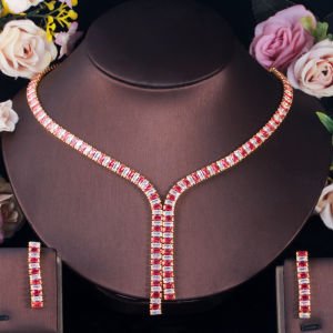 SEQUITO Bộ Trang Sức Ấn Độ Ethiopia Mạ Vàng Vàng CZ Mặt Dây Chuyền Dài Pha Lê Tuyệt Đẹp SJ186