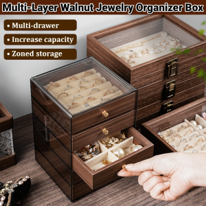 Multi-Layer Walnut Jewelry Organizer Box Large Capacity Jewelry Storage Case for Earrings Rings Necklaces Drawer Design
