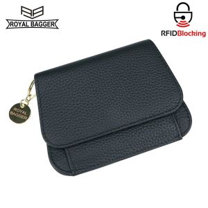 Royal Bagger RFID Short Wallet for Women Genuine Cow Leather Large Capacity Key Chain Card Holder Fashion Trifold Wallets 1458