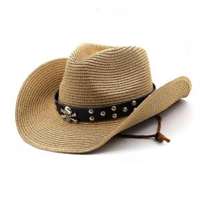 Vintage Cowboy Hat Western Style Large Metal Skull Brim Hat Straw Weaving Cowboy Hat Accessory for Summer Sunproof
