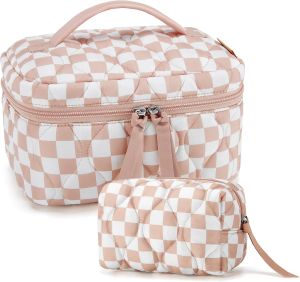 BAGSMART Travel Makeup Bag Set 3 Pc Puffy Cosmetic Pouch Black Soft padded cosmetic set smooth zippers.Lightweight machine washable wipe-clean.Reinforced stitching built to last.
