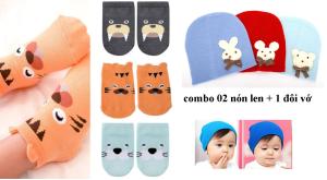 Set 02 Nón Len Gấu + 1 đôi vớ Mềm giữ ấm Cho Bé 0 - 18 tháng tuổi
