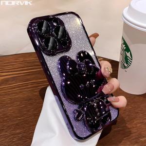 NORVIK Makeup Mirror Phone Case with Rabbit Folding Bracket Stand Glitter Gradient Plating Soft Casing Cover for Xiaomi POCO Redmi Note 13 13C 12 12S 12C 11 11S 10 C65 X6 X5 F5 A1 A2+ Pro+ Pro Plus Lite 4G 5G NE I50-1