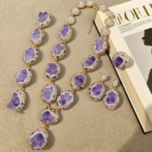 3 in 1 Rough Natural Amethyst Crystal Set for Women Personalized Raw Stone Necklace Earrings Rings Quartz Jewelry Party Gifts H260610
