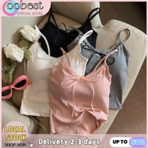 oobest 【Delivery 2-3 days】Sweet &amp Lace top padded tops for women Camisoles Trim Detail Backless Cami Top Built-in Bra Cropped Going Out Layering Tube Top for Women