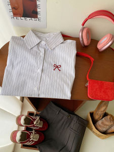 Korean College Style Loose Lapel Bow Embroidered Striped Long Sleeved Shirt For Women