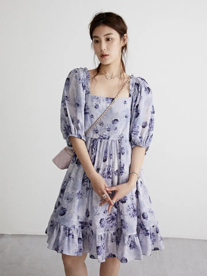 Mizee Square Neck Elastic Sleeve Ruffle Hem Babydoll Dress A3072