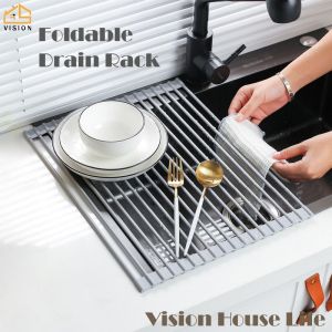 Vision Foldable Sink Drain Rack Silicone Drainboard Water Filter Kitchen Dishes and Tableware Storage Rack Sink Drain Basket Heat Insulation Pad