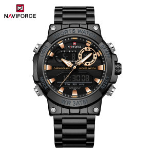 NAVIFORCE Original Watch for Men Digital Display Quartz Calendar Wristwatch Stainless Steel Strap Luminous Waterproof 30m Fashion Outdoor Sports Mens Watch