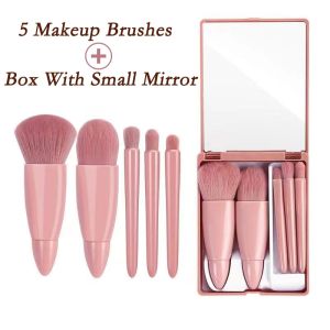 HKHO Bộ Cọ Mini Bộ Cọ Trang Điểm Với Hộp Gương Lip Cọ Đánh Phấn Mắt Mỹ Phẩm Chuyên Nghiệp 5 Cây Du Lịch Nhỏ Gọn