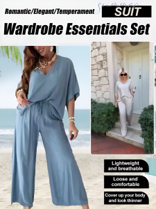 V-neck Batwing Sleeve Loose Wide Leg Pants Set for Spring Autumn Fashion Women Urban Professionals Stylish Comfort