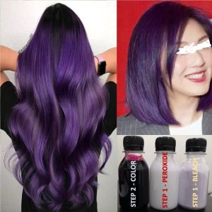 (FREE bleach set) Direct Violet Hair Color Kit (10minutes )100ml+Free Bleach&Peroxide(100ml) purple hair green dye rambut ungu hair dye permanent dye Muslim friendly 紫色染发