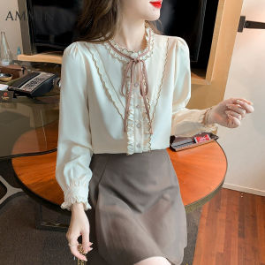 AMMIN 2022 spring round neck with bow tie sweet button cardigan chiffon shirt womens long sleeve korean style ruffle stitching design elegant blouse female ins tops