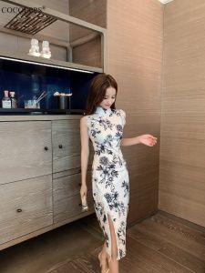 Cocoepps sườn xám cho phụ nữ 2024 hiện đại mới của phụ nữ thanh lịch sườn xám in hoài cổ Váy cộc tay