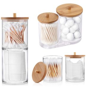 BEandBA with Bamboo Lids Multifunctional for Bathroom Accessories Makeup Organizers Storage Jewelry Cotton Ball Dispenser Cotton Swab Holder Bathroom Jars Qtips Holder