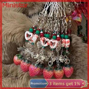 Ministar Unique Sweet Strawberry Phone Charms Pendant Cute Bow Heart Beaded Keychain Camera Schoolbag Decoration Accessories Gifts