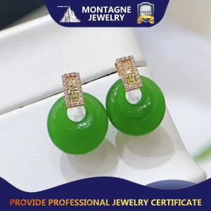Montagne Jewelry 18K Pure Gold earring for women Diamond Inset Design Fine Jewellery Natural 17x13mm Grade A Green Jade Earrings Stud Earring