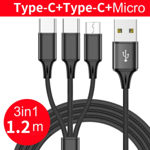 Sạc nhanh USB để 2xtype-c & 1xmicro Dây cáp USB cung cấp điện dòng 3-in-1 Nylon Cáp dây bện đen