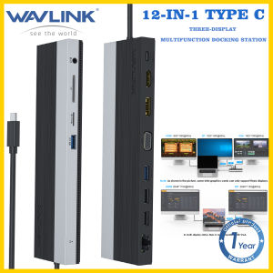 WAVLINK USB C Triple Display Hub Docking Station USB C to DP (100W) HDMI (4K 30Hz) VGA (2K 60Hz) USB2.0/3.0 A Gigabit Ethernet SD/TF Card Reader 3.5mm Phone Port Multi-Port Converter for MacBook Pro 2016-2020 and Windows USB3.1 Gen2 C laptop