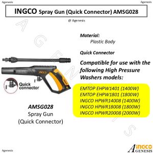 INGCO High Pressure Washer Spray Gun Quick Connector AMSG028 for HPWR14008 HPWR16008 HPWR18008 HPWR20008 HPWR25008 Replacement Water Gun Tool
