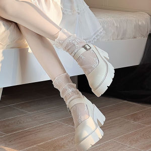 🌙I SHINE SHOES🌙ถุงเท้าลูกไม้ผู้หญิง Mary Jane ตาข่ายแก้วคริสตัลบางพิเศษซ้อนถุงเท้า