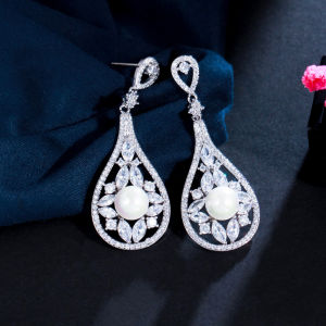 Sequito hấp dẫn phụ nữ ngọc trai pha lê bông tai thả Inlay AAA Sparkly đá Cubic Zirconia mạ bạc tính khí tiệc khiêu vũ trang sức Tai se906