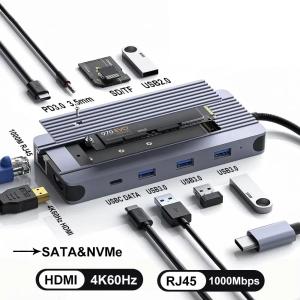 KEBIDUMEI 12 in 1 M.2 SSD HUB USB C Docking Station USB C to HDMI 4K60Hz/RJ45 1000Mbps/PD100W/USB3.0 5Gbps TYPE C Hub For Laptop
